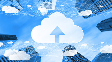Cloud computing technology and online data storage for global data sharing. Computer connects to...