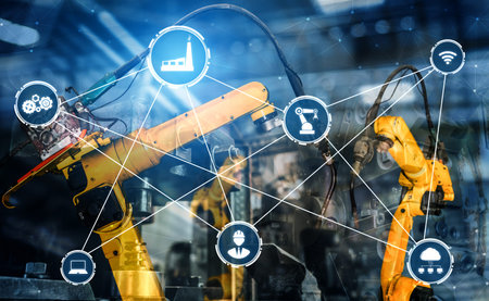 Smart industry robot arms for digital factory production technology showing automation manufacturing...