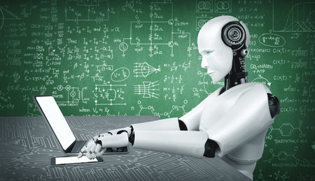 Robot humanoid use laptop and sit at table for engineering science studying using AI thinking brain...