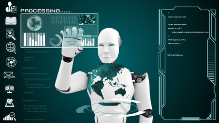 Futuristic robot, artificial intelligence CGI big data analytics and programming . Robotic man 3D...