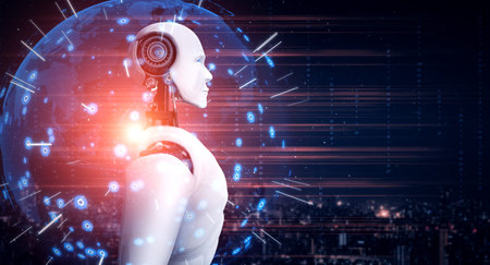 Humanoid AI robot looking at hologram screen showing concept of communication 5G network analytic...