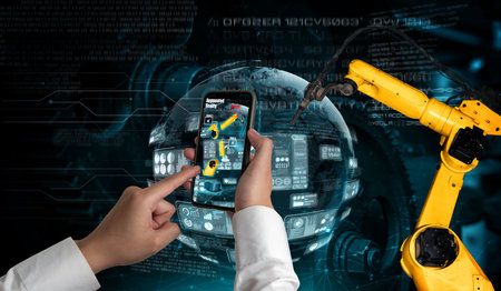 Engineer controls robotic arms by augmented reality industry technology application software. Smart...