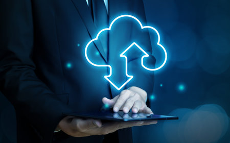 Cloud computing technology and online data storage for global data sharing. Computer connects to...
