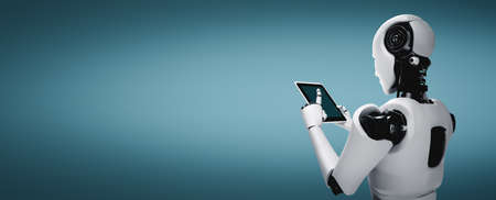 Robot humanoid using tablet computer in future office while using AI thinking brain , artificial intelligence and machine learning process . 4th fourth industrial revolution 3D illustration.の写真素材