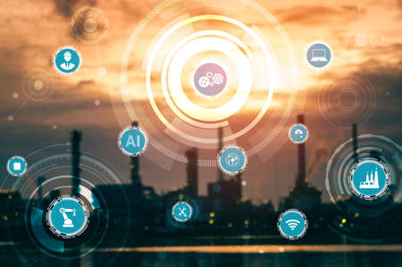 Industry 4.0 technology concept - Smart factory for fourth industrial revolution with icon graphic showing automation system by using robots and automated machinery controlled via internet network .の写真素材
