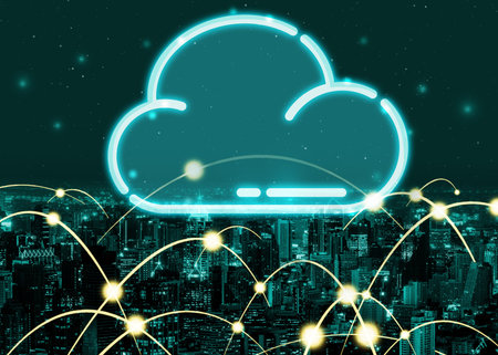 Cloud computing technology and online data storage for global data sharing. Computer connects to...