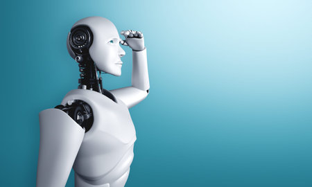 Standing humanoid robot looking forward on clean background 3D illustration