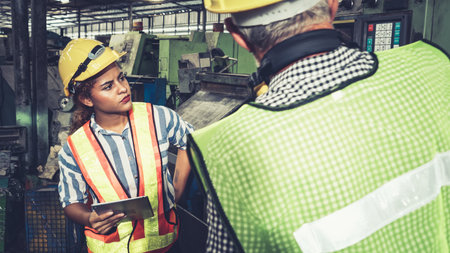 Group of factory workers using machine equipment in factory workshop . Industry and engineering...