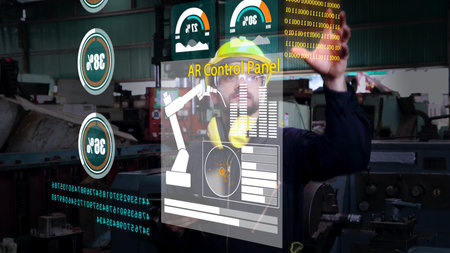 Factory worker use future holographic screen device to control manufacturing machine in factory ....
