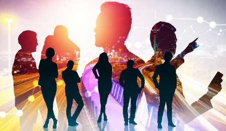 Abstract image of many business people together in group on background of city view with office building showing partnership success of business deal. Concept of employee teamwork, trust and agreementの写真素材