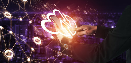 Cloud computing technology and online data storage for global data sharing. Computer connects to...