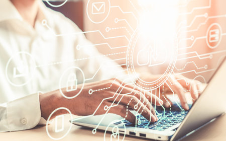 Cloud computing technology and online data storage for global data sharing. Computer connects to...