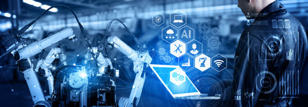 Smart industry robot arms for digital factory production technology showing automation manufacturing...
