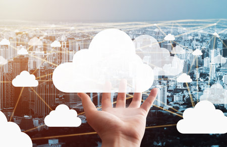 Cloud computing technology and online data storage for global data sharing. Computer connects to...