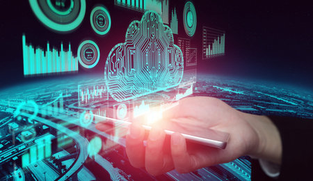 Cloud computing technology and online data storage for global data sharing. Computer connects to...
