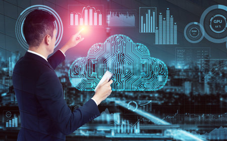 Cloud computing technology and online data storage for global data sharing. Computer connects to...