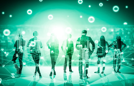 Creative image of many business people conference group meeting on city office building background...