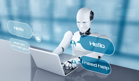 AI robot using computer to chat with customer. Concept of chat bot service providing help and smart...
