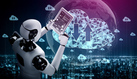 AI robot using cloud computing technology to store data on online server . Futuristic concept of...
