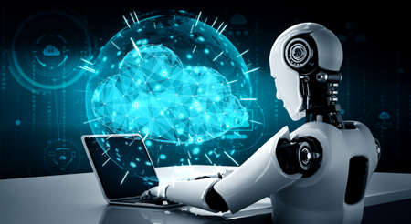 AI robot using cloud computing technology to store data on online server . Futuristic concept of cloud information storage analyzed by machine learning process . 3D rendering illustration .の写真素材