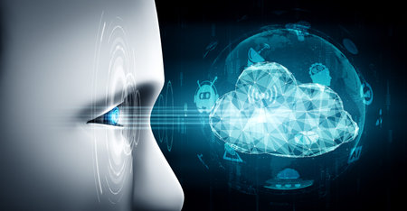 AI robot using cloud computing technology to store data on online server . Futuristic concept of...