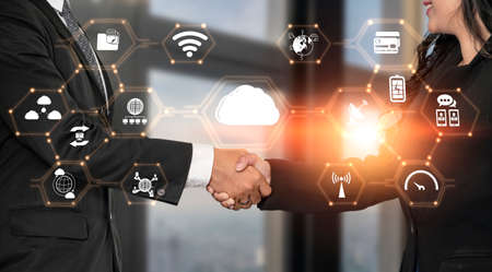 Advanced communication and global internet network connection in smart city . Concept of future 5G wireless digital connecting and social media networking .の写真素材