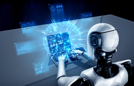 Robot humanoid use laptop and sit at table for big data analytic using AI thinking brain ,...