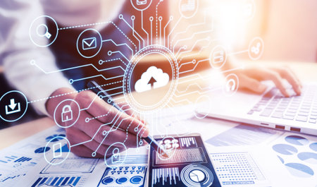 Cloud computing technology and online data storage for global data sharing. Computer connects to...