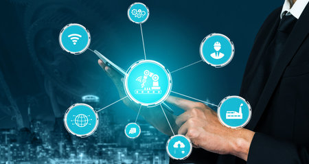 Industry 4.0 technology concept - Smart factory for fourth industrial revolution with icon graphic...