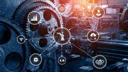 Industry 4.0 technology concept - Smart factory for fourth industrial revolution with icon graphic showing automation system by using robots and automated machinery controlled via internet network .の写真素材