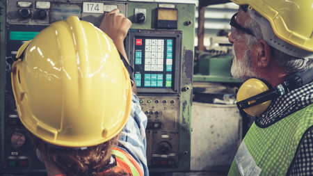 Group of factory workers using machine equipment in factory workshop . Industry and engineering...