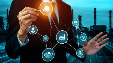 Industry 4.0 technology concept - Smart factory for fourth industrial revolution with icon graphic...