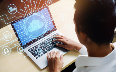 Cloud computing technology and online data storage for global data sharing. Computer connects to...