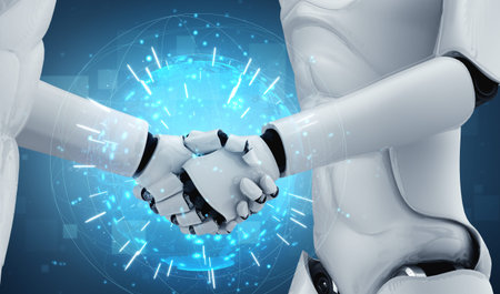 3D rendering humanoid robot handshake to collaborate future technology development by AI thinking...