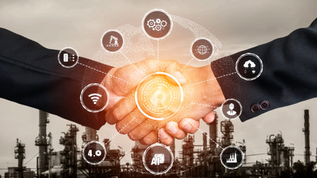 Industry 4.0 technology concept - Smart factory for fourth industrial revolution with icon graphic...
