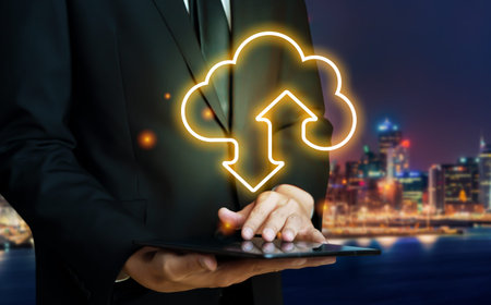 Cloud computing technology and online data storage for global data sharing. Computer connects to...