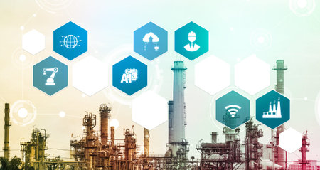 Industry 4.0 technology concept - Smart factory for fourth industrial revolution with icon graphic...