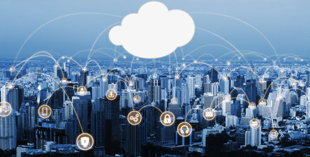 Cloud computing technology and online data storage for global data sharing. Computer connects to...
