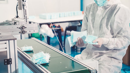Face mask production line in modern factory . Concept of covid-19 coronavirus 2019 provention .