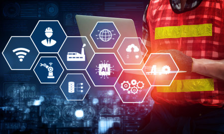 Engineering technology and industry 4.0 smart factory concept with icon graphic showing automation...