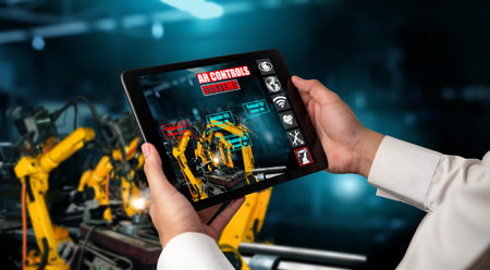 Engineer controls robotic arms by augmented reality industry technology application software. Smart...