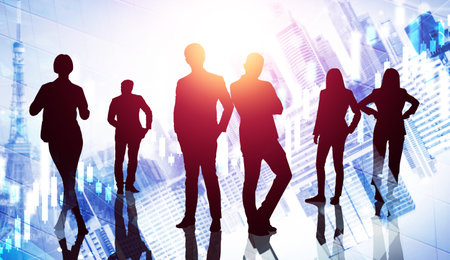 Abstract image of many business people together in group on background of city view with office building showing partnership success of business deal. Concept of employee teamwork, trust and agreementの写真素材