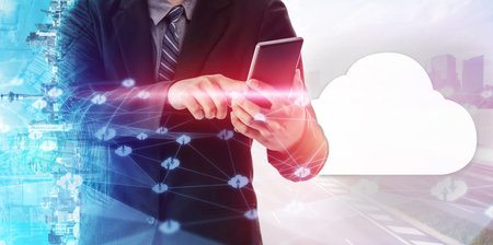 Cloud computing technology and online data storage for global data sharing. Computer connects to...