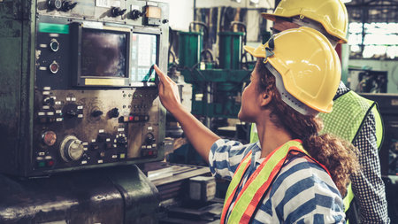 Group of factory workers using machine equipment in factory workshop . Industry and engineering...