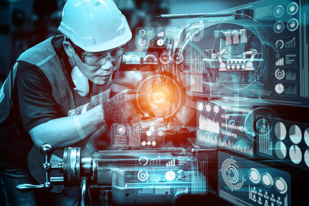 Engineering technology and industry 4.0 smart factory concept with icon graphic showing automation...
