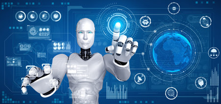 AI humanoid robot touching virtual hologram screen showing concept of big data analytic using...