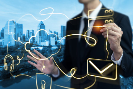 Cloud computing technology and online data storage for global data sharing. Computer connects to...