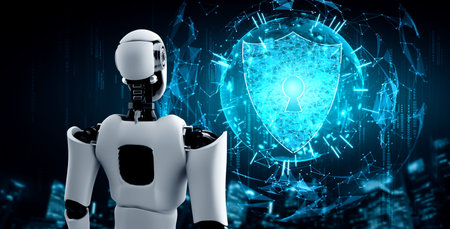 AI robot using cyber security to protect information privacy . Futuristic concept of cybercrime...