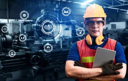 Engineering technology and industry 4.0 smart factory concept with icon graphic showing automation...