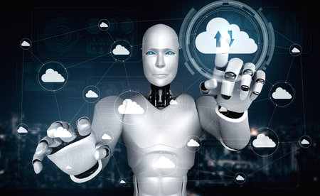 AI robot using cloud computing technology to store data on online server . Futuristic concept of...